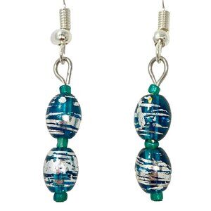 Murano Style Blue Silver Art Glass Bead Earrings Plated Dainty Dangle Handmade